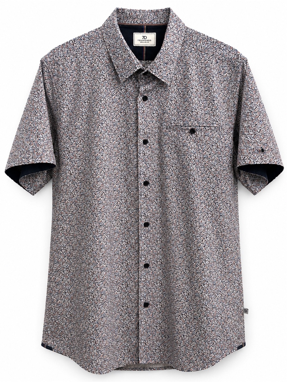7 Diamonds Short Sleeve Button-Down Shirt in Navy, White, and Brown Micro Floral